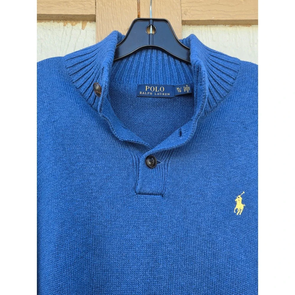 Polo Ralph Lauren Mens XL Blue Cotton Button Mock Neck Sweater Preppy Pony Logo